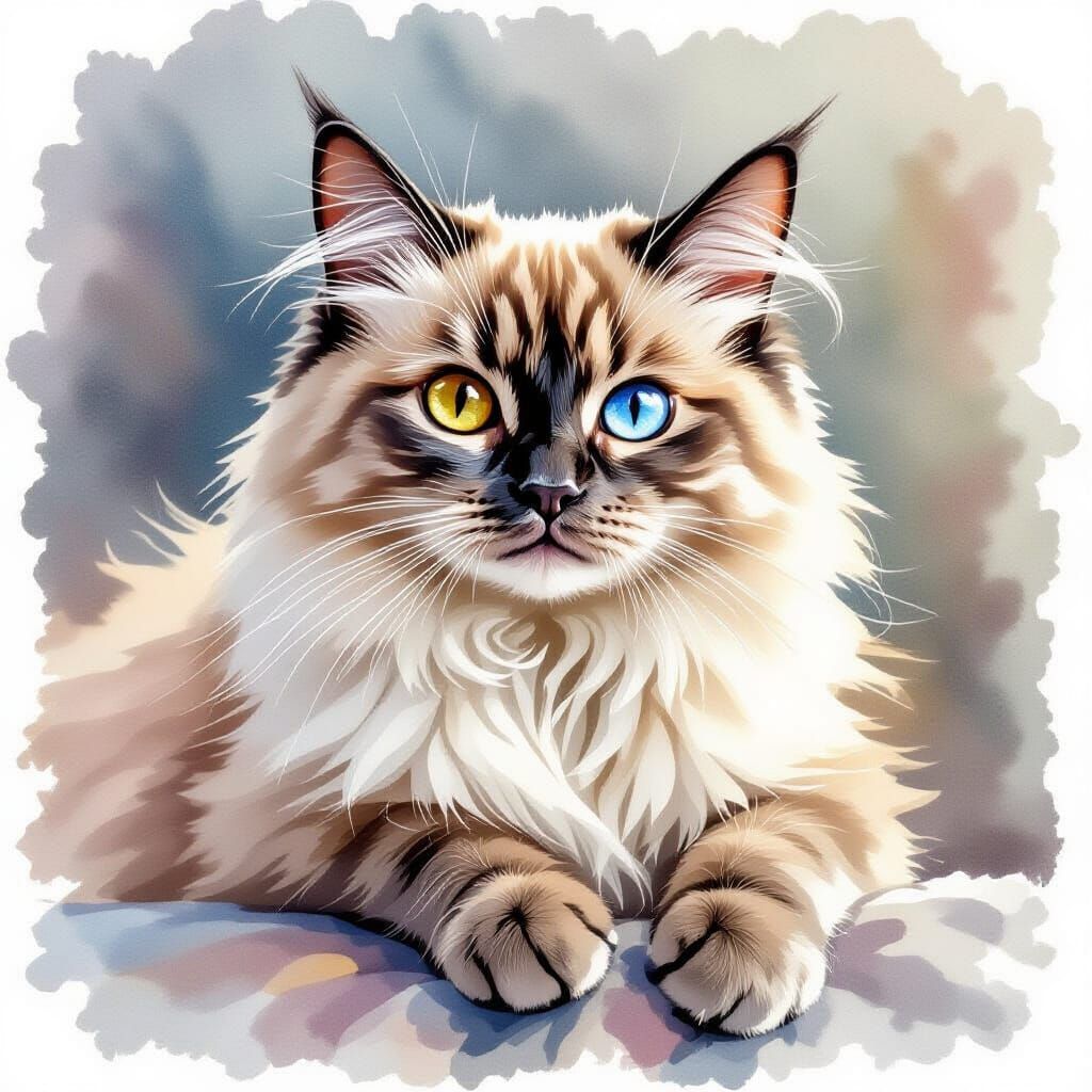 Siamois Cat Emerging from Watercolor Painting