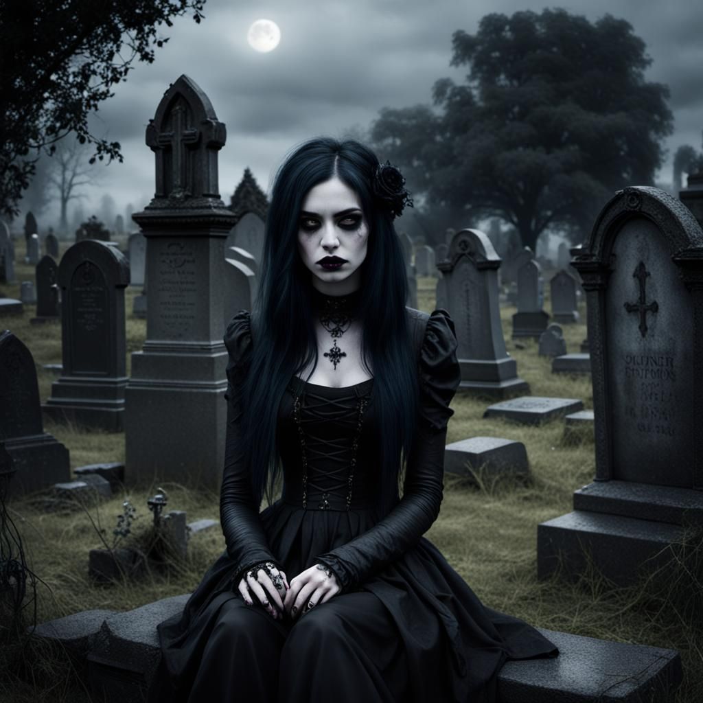 Melancholic Goth Girl in Overgrown Graveyard