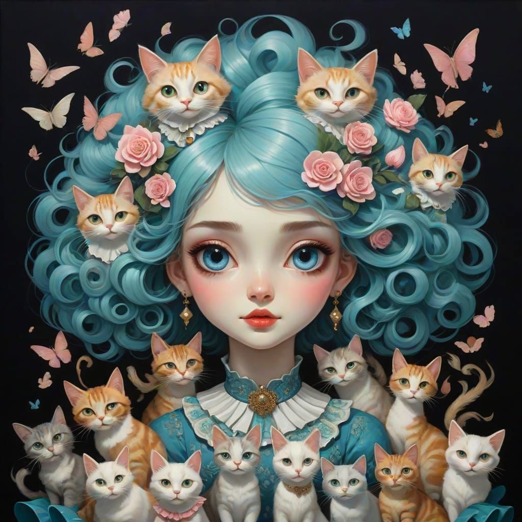 Whimsical Portrait of a Blue-Haired Woman with Cats in a Dra...