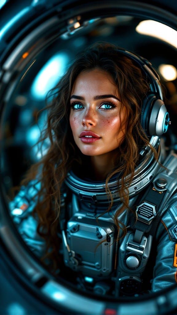 hot female astronaut in the 2077 spacecraft , long curyl hair ,blue eyes, full lips ,freckles , full body scene ,  Cinem...