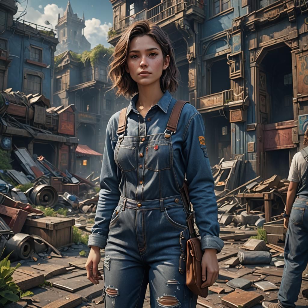 Woman in Denim Overalls: Fantasy Concept Art