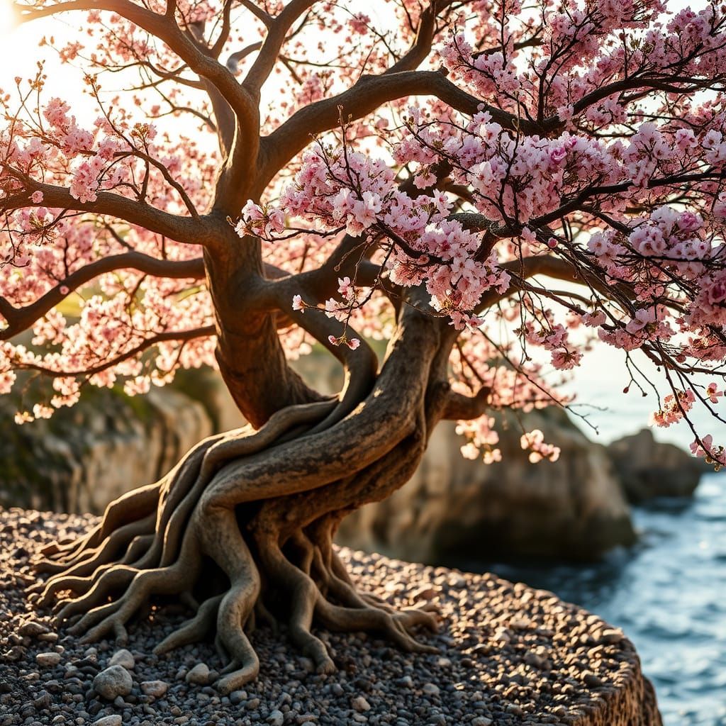 Majestic Cherry Tree on Cliff Edge at Sunset