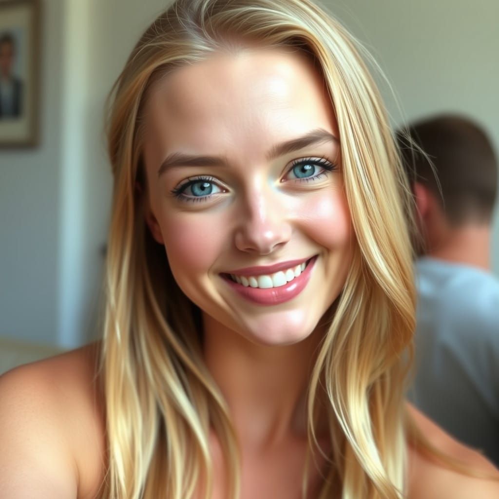 Glowing Woman with Golden Locks and Blue Eyes