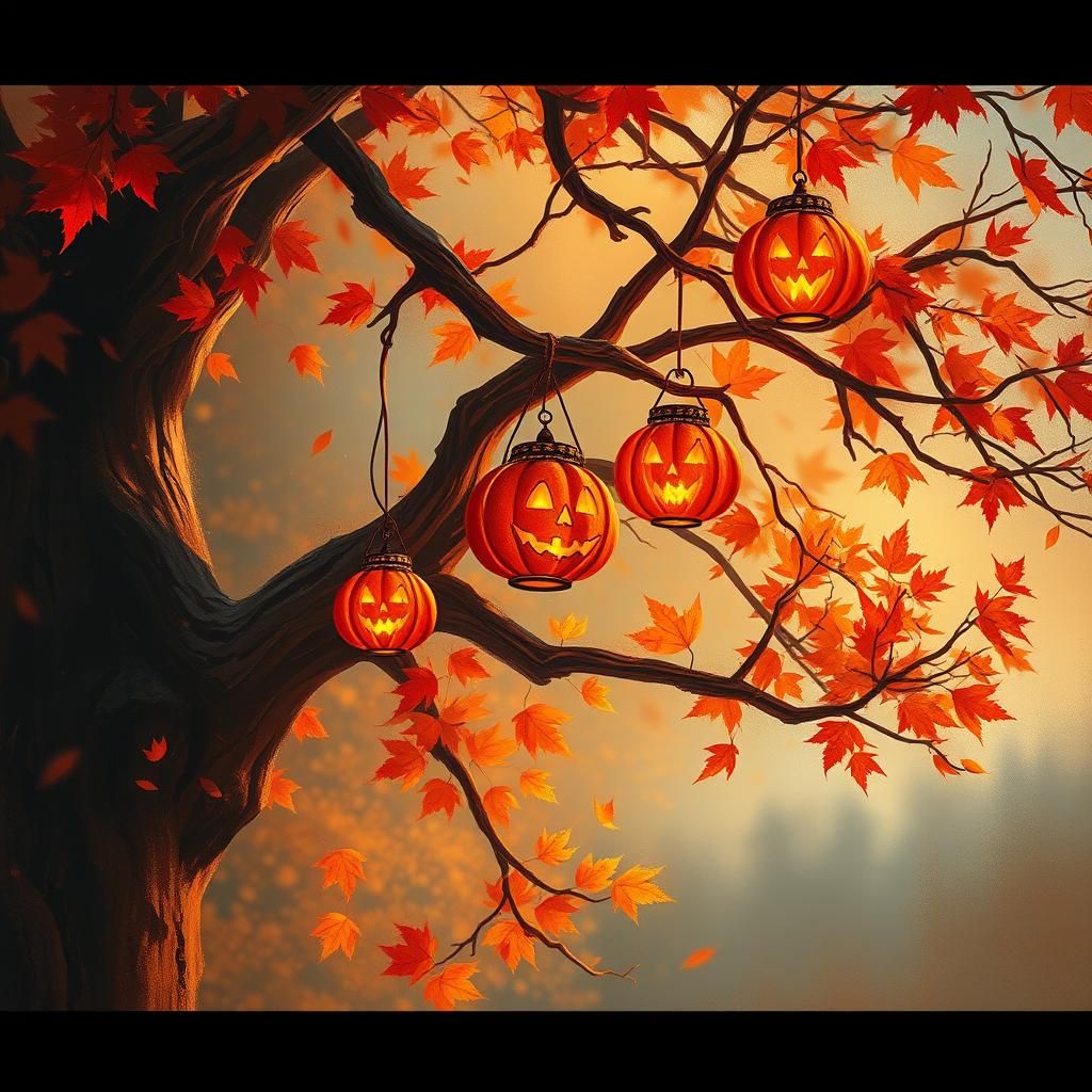 Autumnal Halloween Scene with Glowing Jack-o-Lanterns