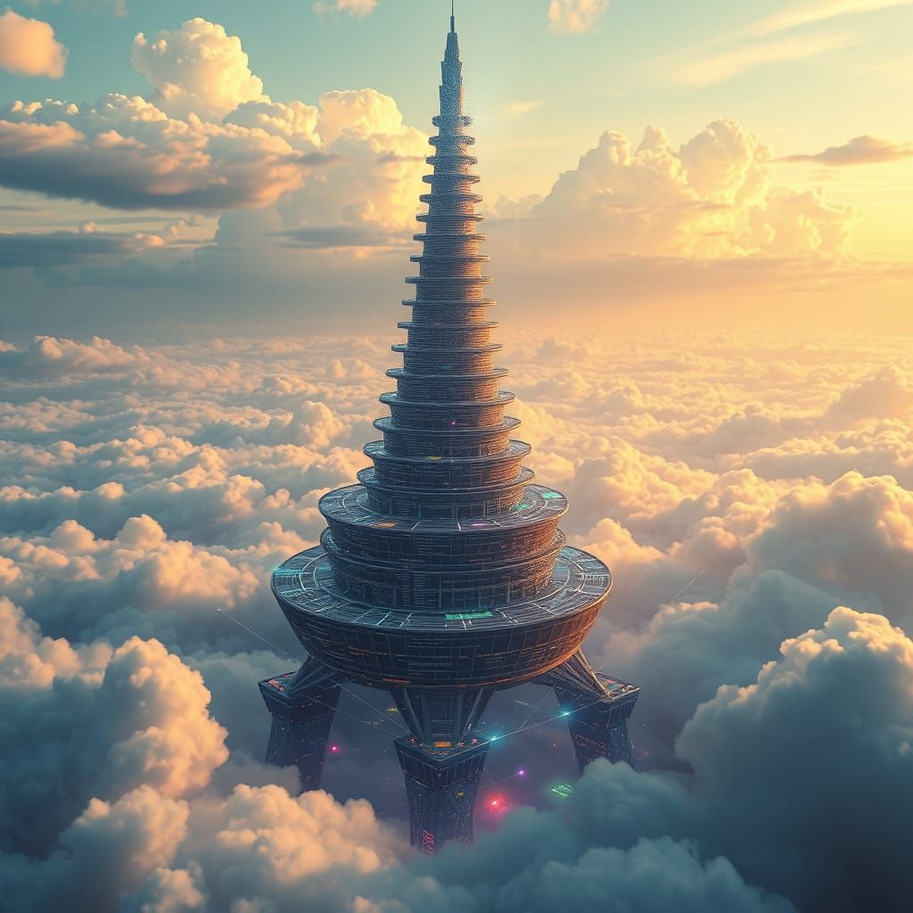 Futuristic Software Architecture Tower in Iridescent Hues