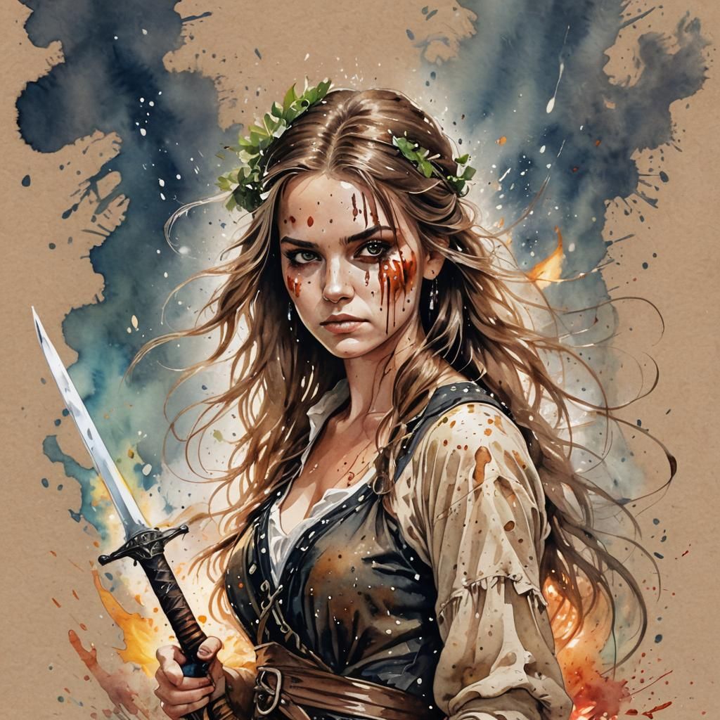 Pirate Girl Portrait with Silver Sword, Watercolour Art