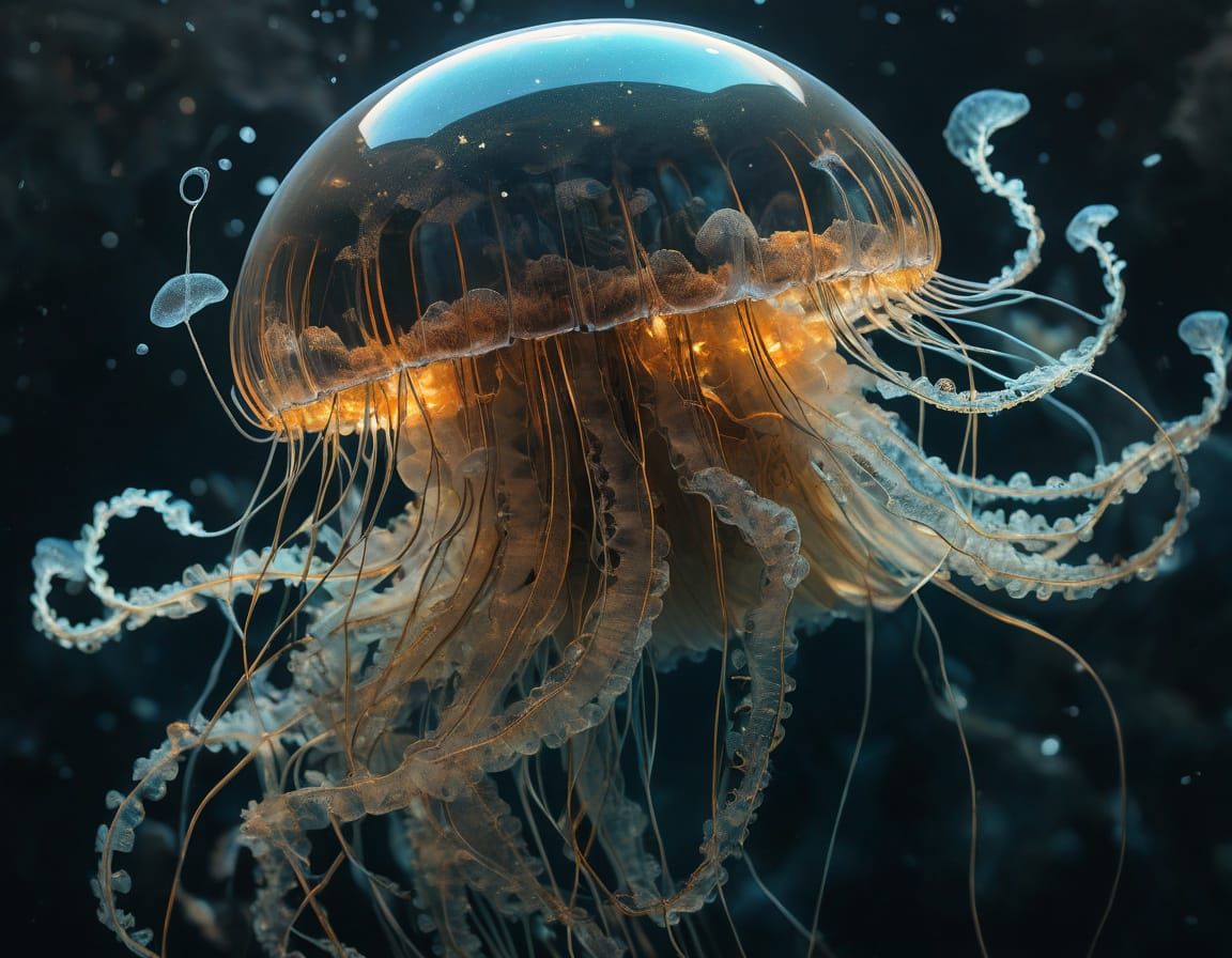 Cyberpunk Ghostly Jellyfish in Golden Filigree Glory