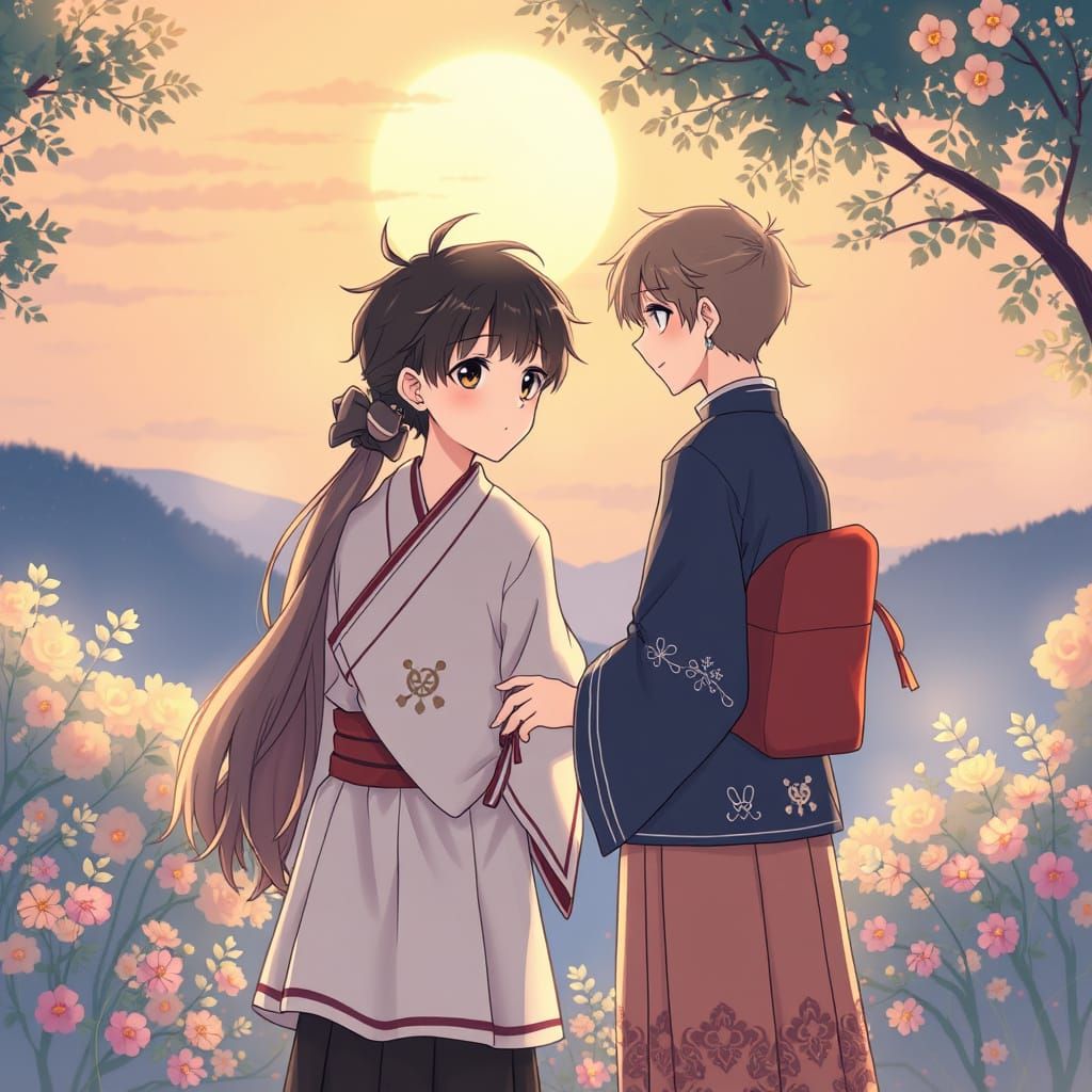 Japanese Schoolboy Falls in Love with Schoolgirl at Sunset