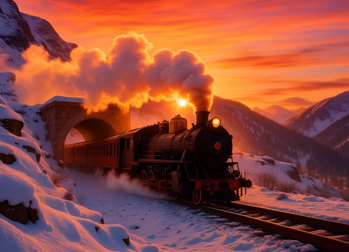 Steam Train Powers Through Snowy Mountain Tunnel