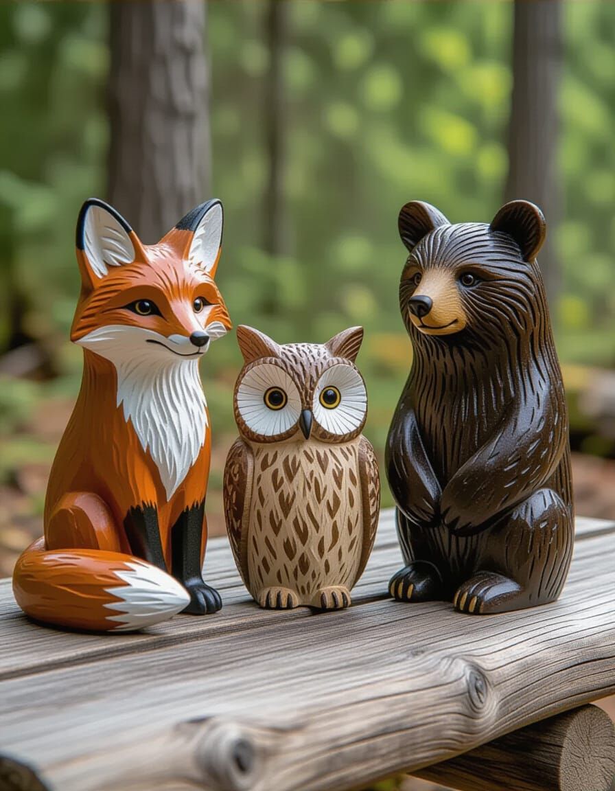Hyperrealistic Wooden Animal Totems in Boho-Natural Style