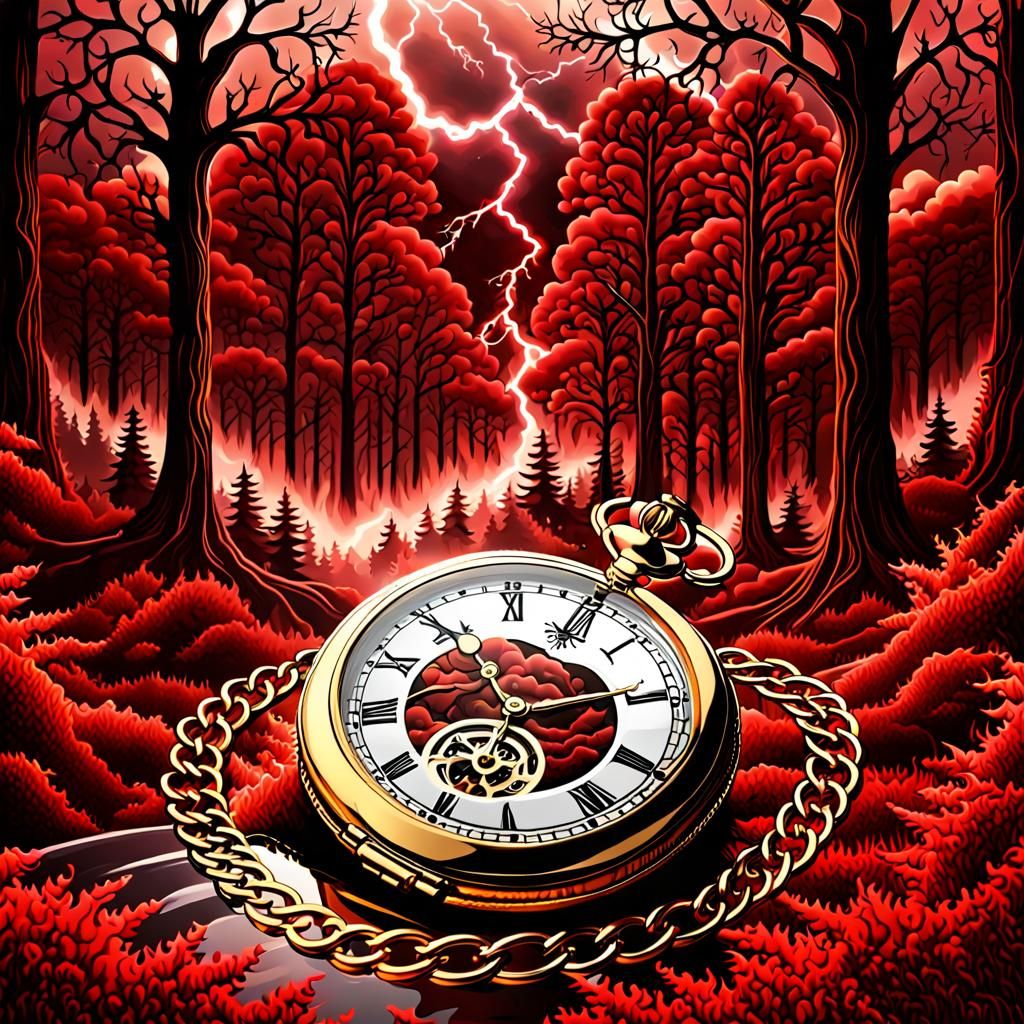 Gold Pocket Watch in Red Forest Storm