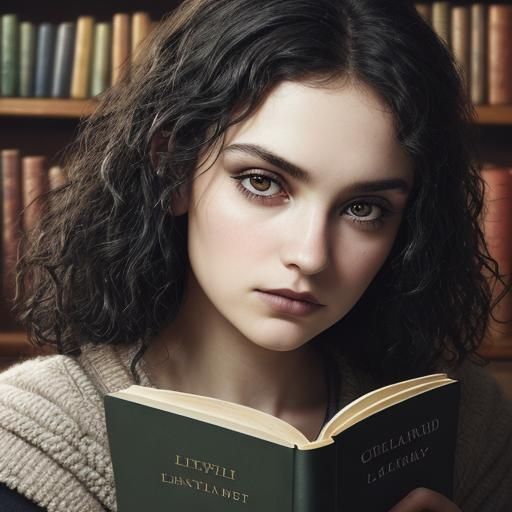 Gothic Woman with Intense Eyes in Library Setting