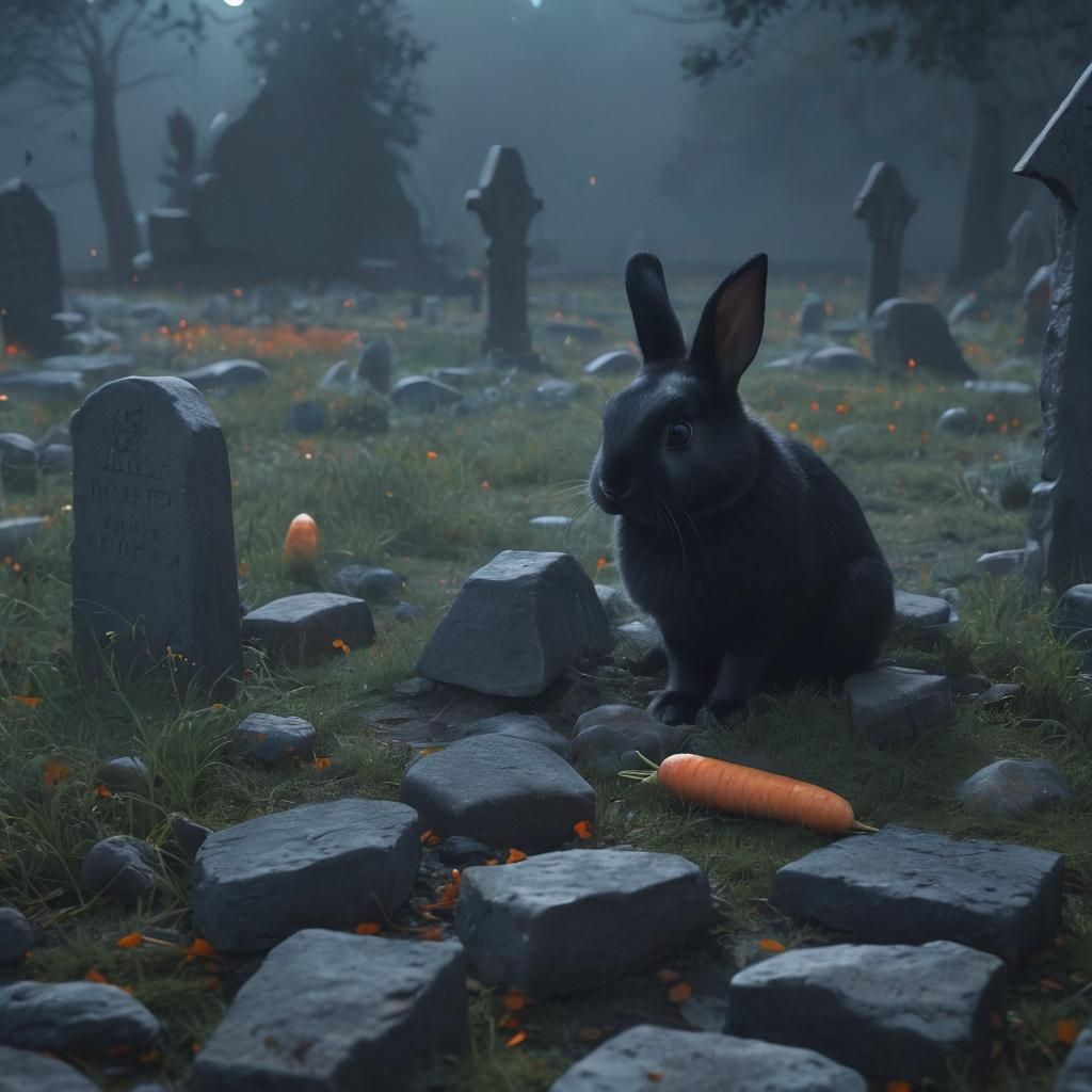 Black Bunny Eats Glowing Carrot in Graveyard