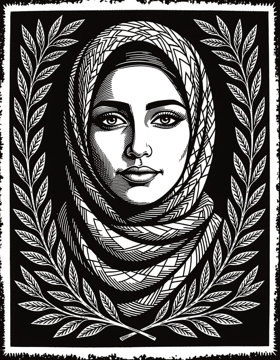 Palestinian Woman Embodies Olive Tree in Woodcut Portrait