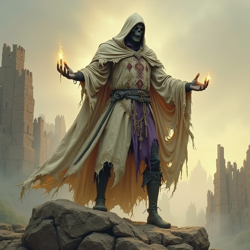 Mysterious Cultist Amidst Ruins in Dark Low Fantasy