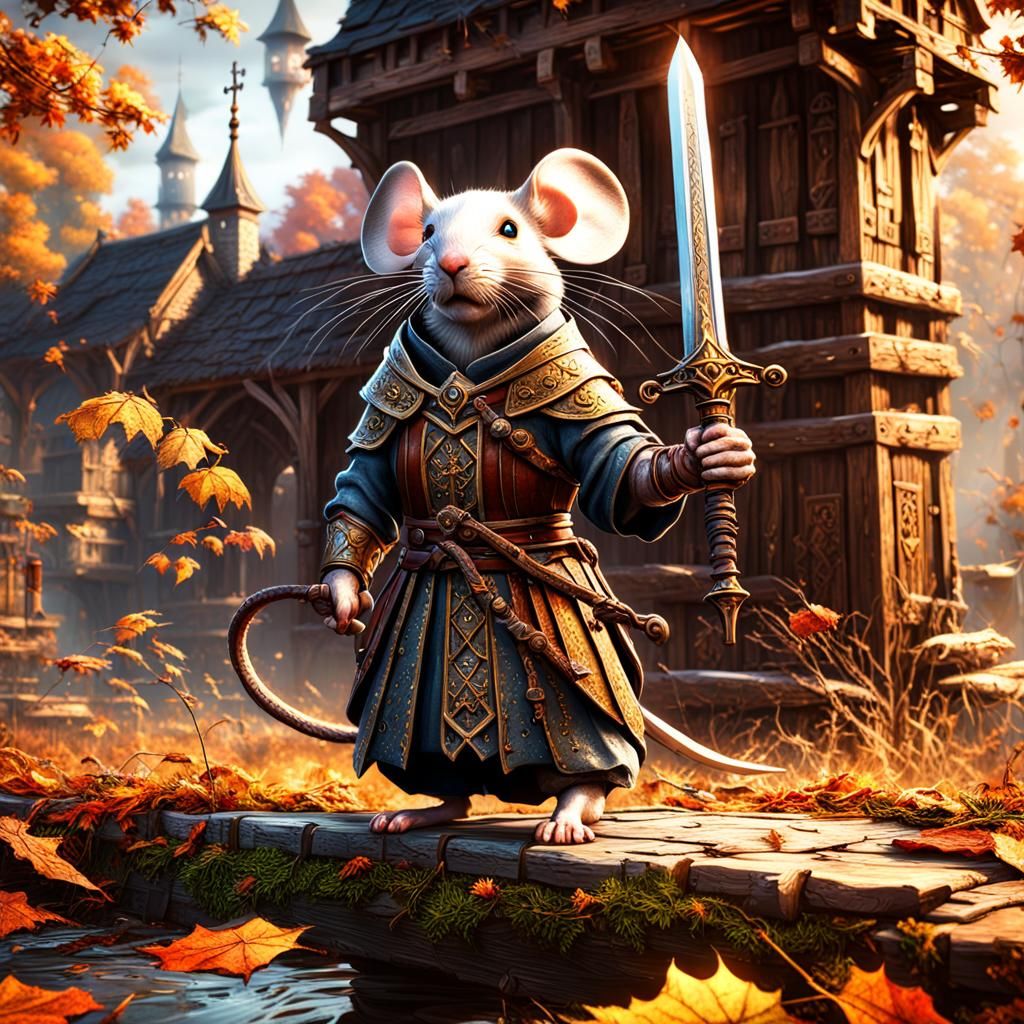 Mouse Warrior in Autumn Mill: Fantasy Concept Art