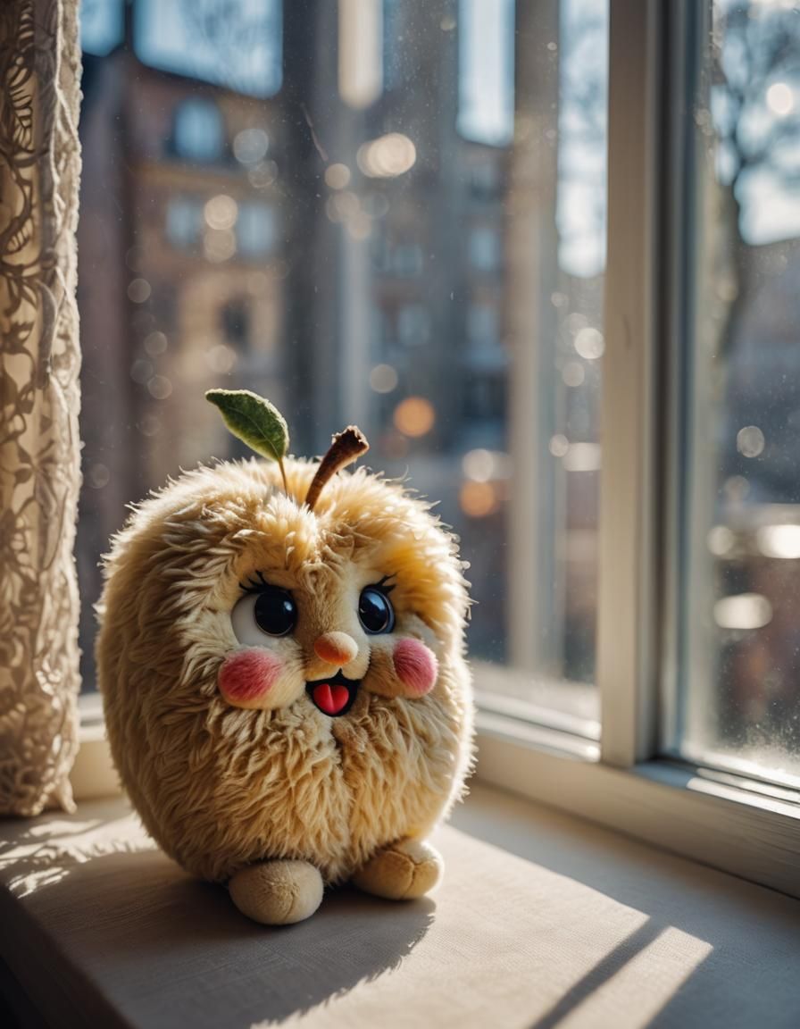 Cute Apple Plushie on a Window Sill