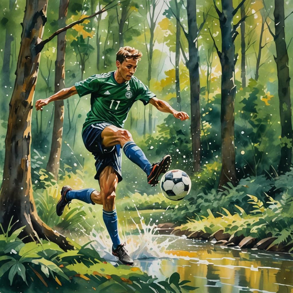 Soccer Player in Forest, Impressionist Gouache Watercolor