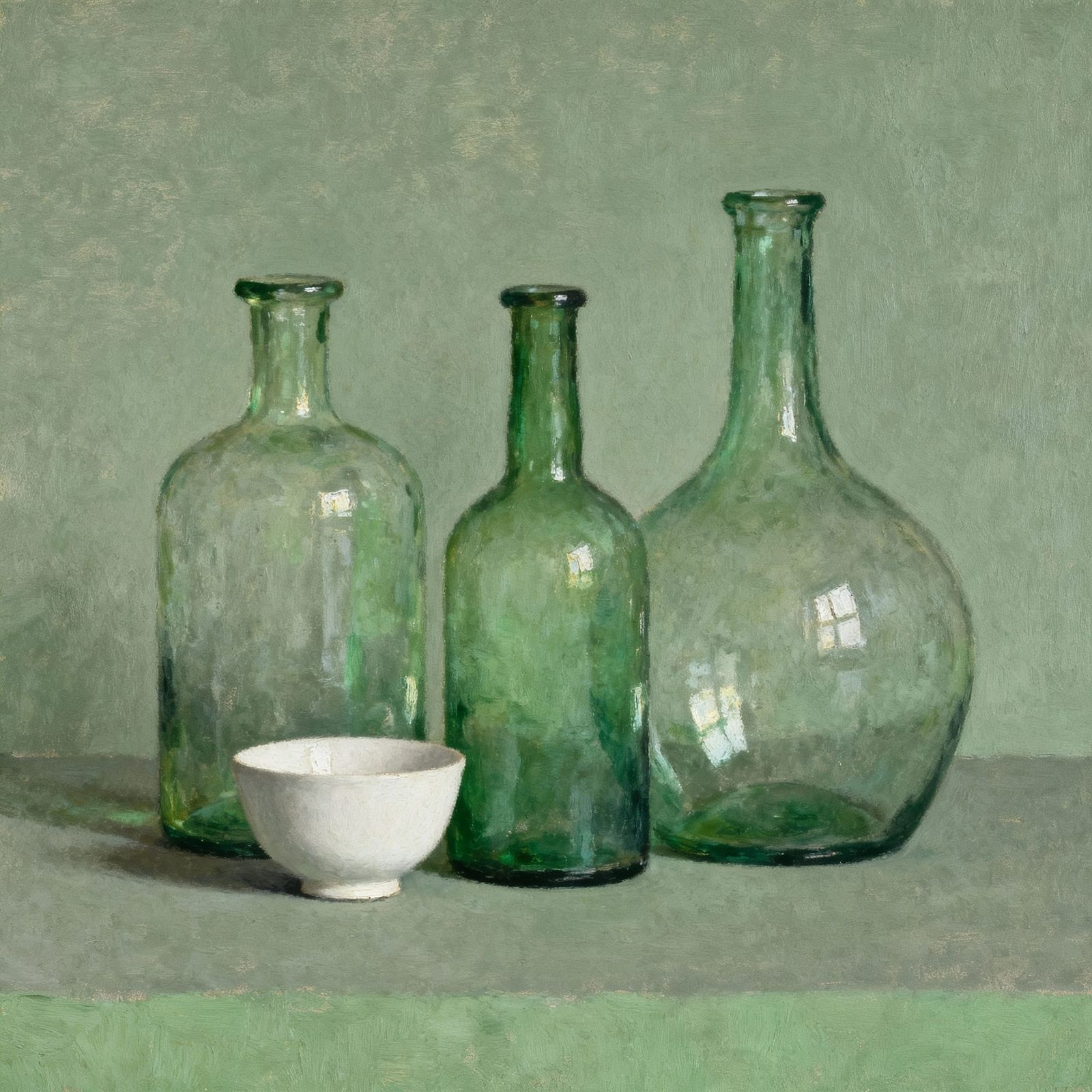 Morandi-Style Still Life: Green Glass Bottles