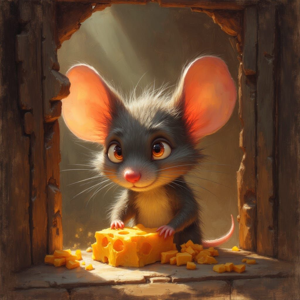 Guilty Mouse Steals Cheese in Warm, Textured Home