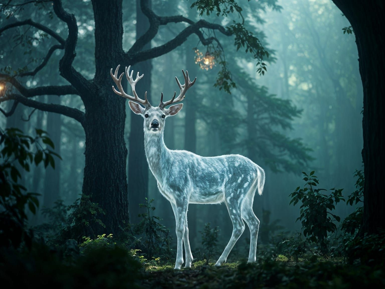 Luminous Deer Spirit in Atmospheric Forest