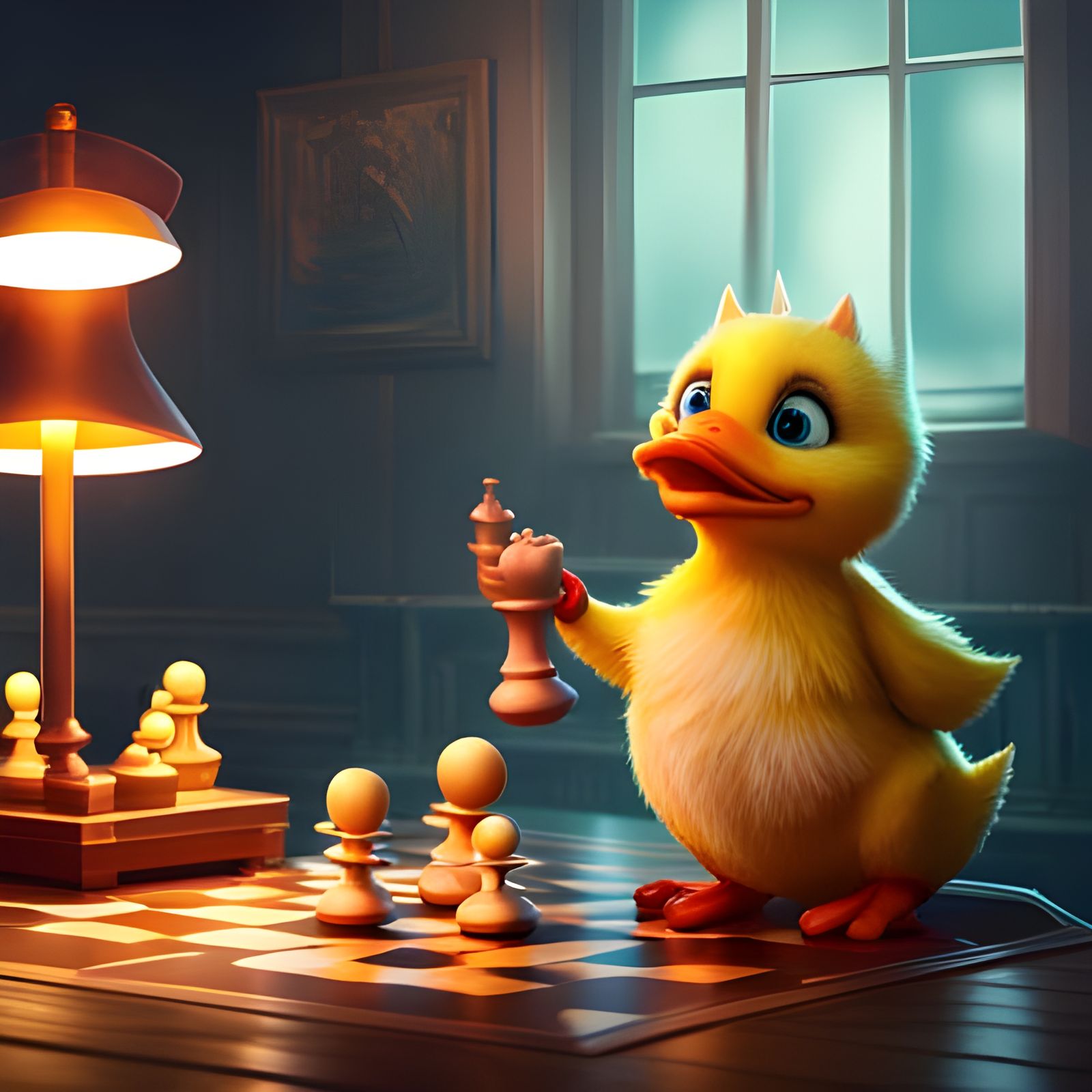 Kitten and Duck Play Chess: Pixar-Style 3D Render