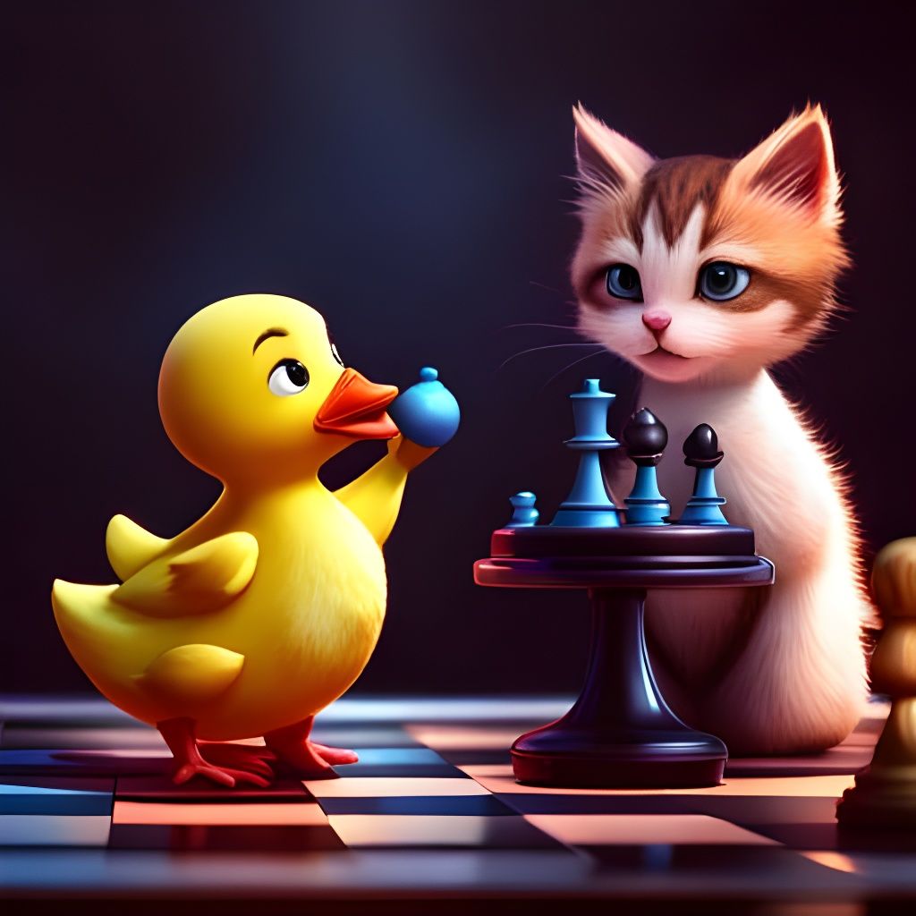 Duck and Kitten Play Chess in Pixar Style