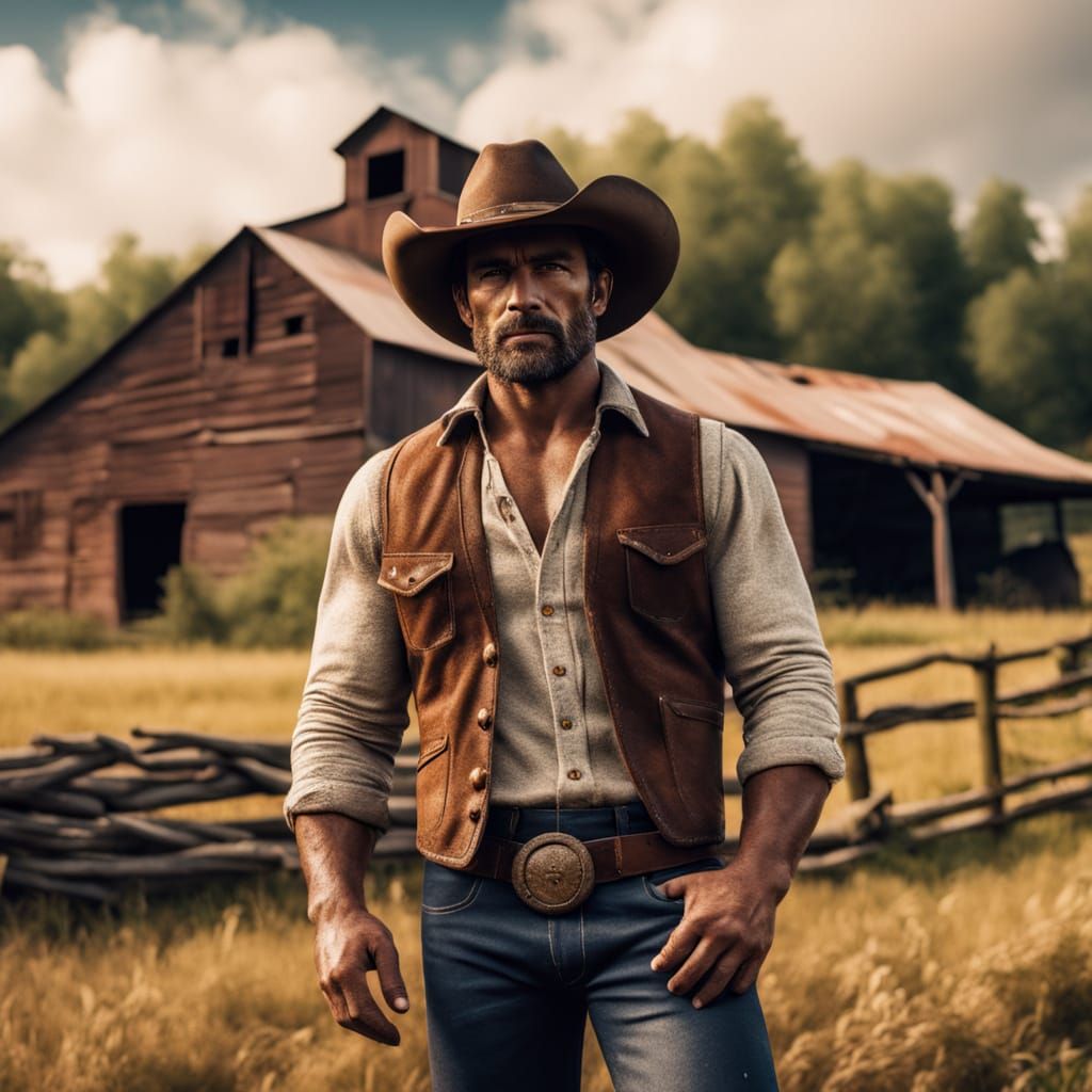 Handsome Cowboy with Rugged Look in Rustic Setting