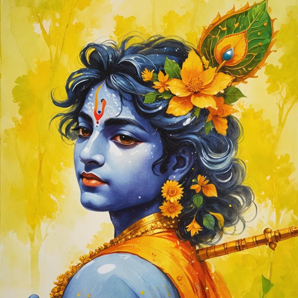 Krishna Playing Flute in Lush Forest, Hindu Art