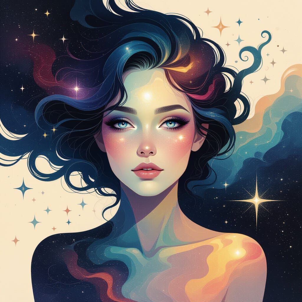 Celestial Being with Galaxy Hair in Abstract Style