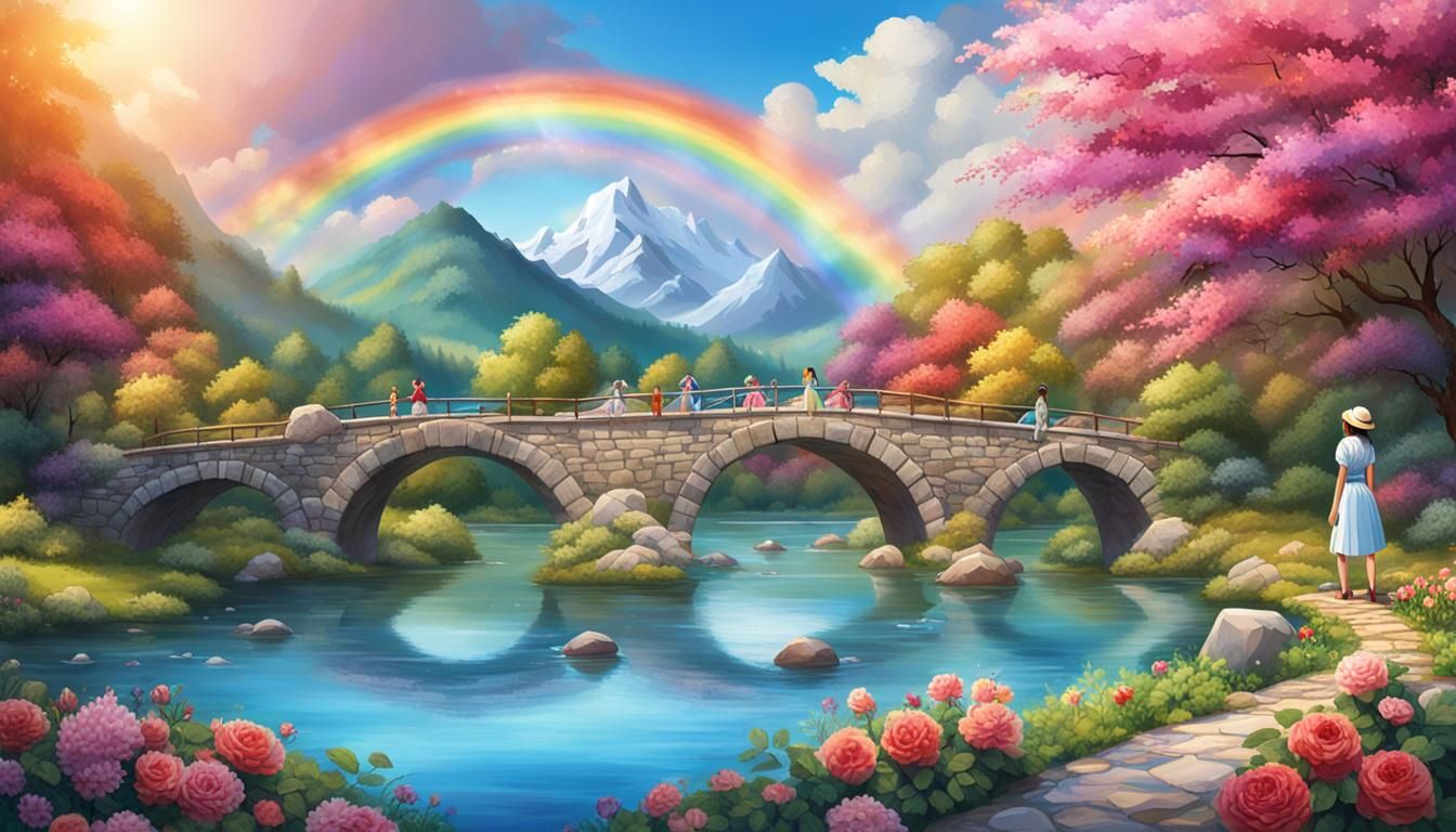 Picturesque Mountain Landscape with Stone Bridge and Rainbow