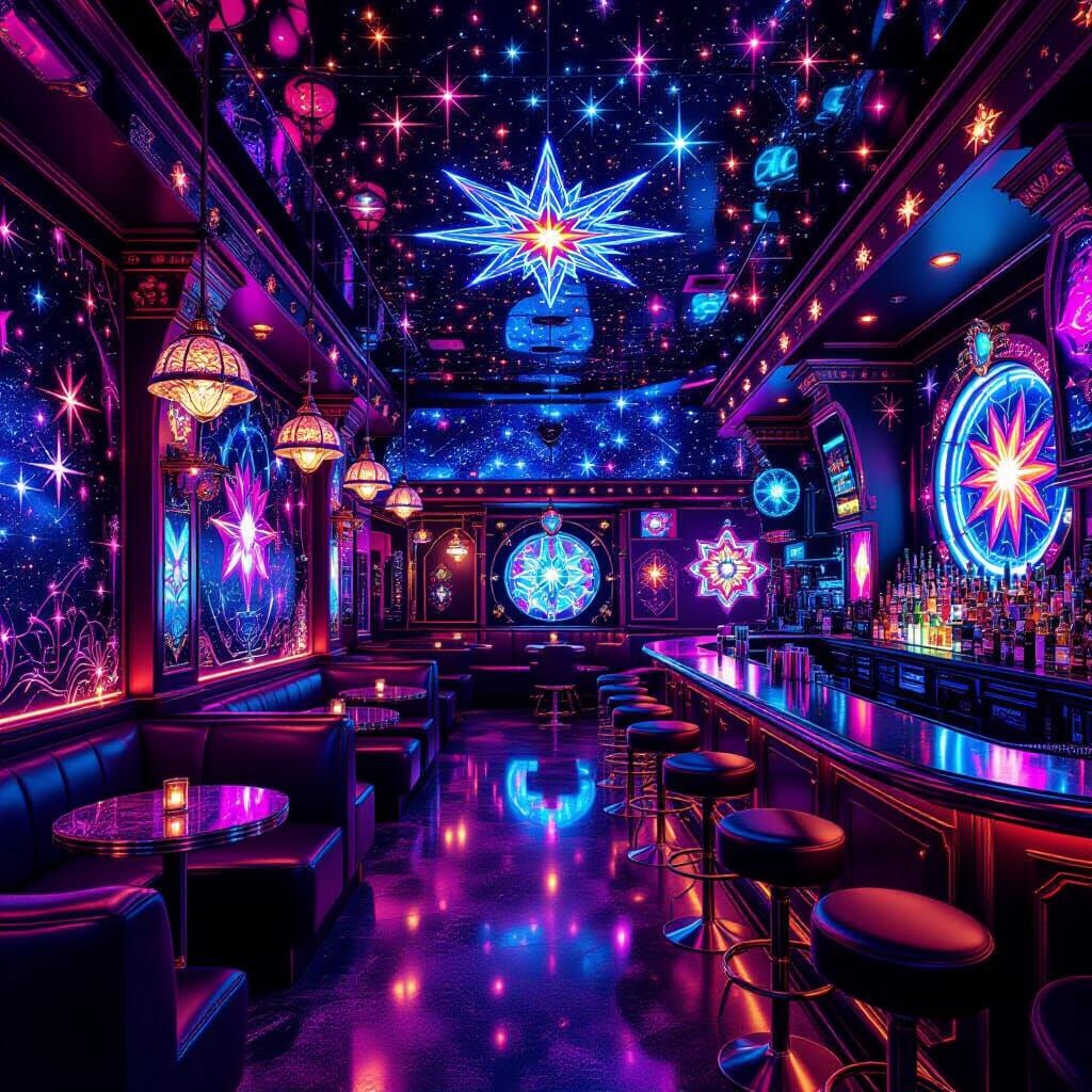 Cosmic Cafe Interior with Neon Glow and Jewels