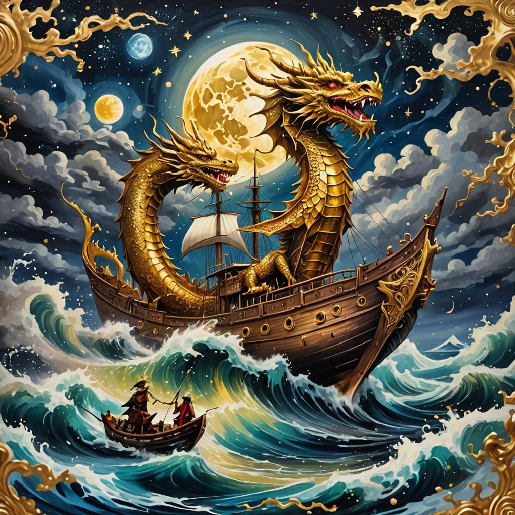 Golden Dragon Guiding Ship on Golden Ocean