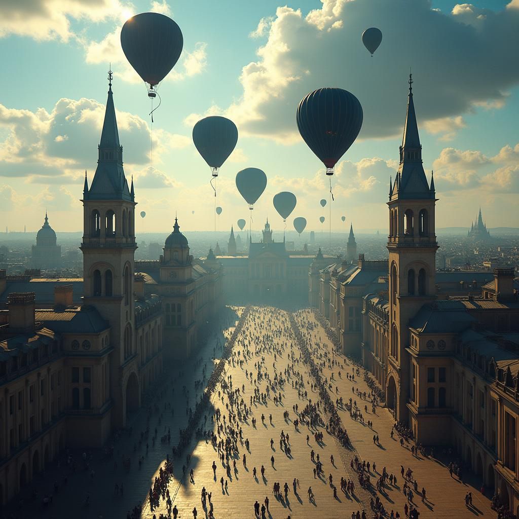 City Square with Black Balloons in Digital Matte Painting
