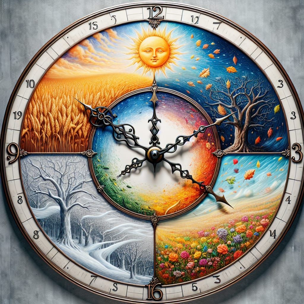Clock Face Displays Four Seasons in Vibrant Sketch Style