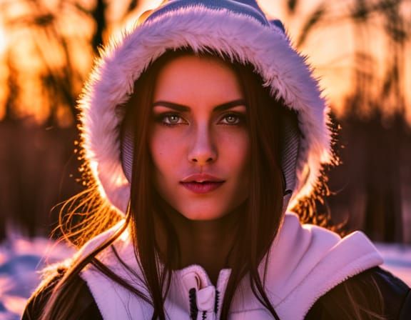 Icy Winter Portrait of Girl with Fur Hood