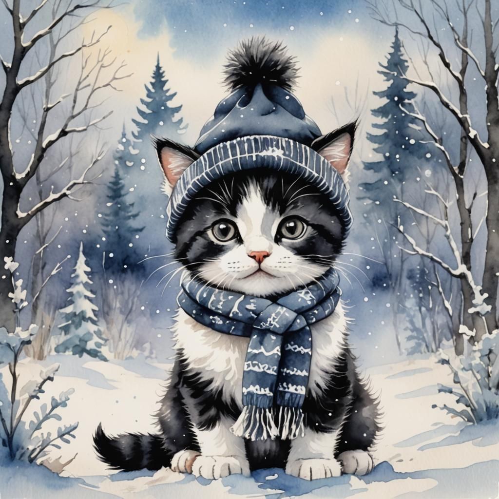 Whimsical Watercolor Kitten in Winter Scene