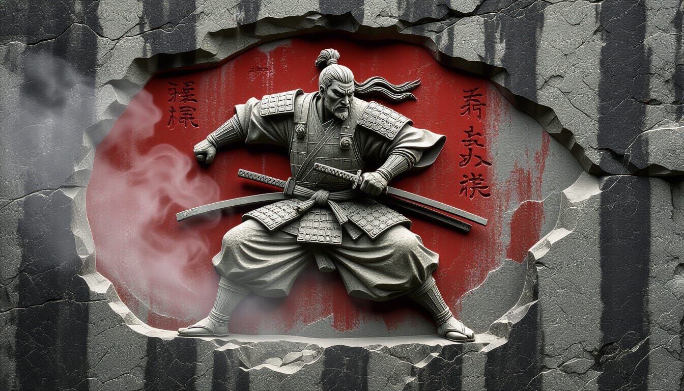Ronin Warrior Bas-Relief Sculpture on Cliff Face