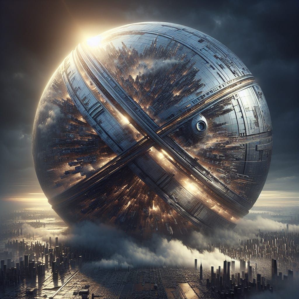 Futuristic Rolling City Over Manhattan Ruins