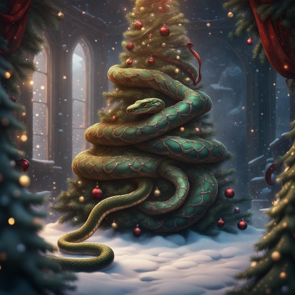 Festive Snake Embraces Christmas Tree: Detailed Digital Pain...