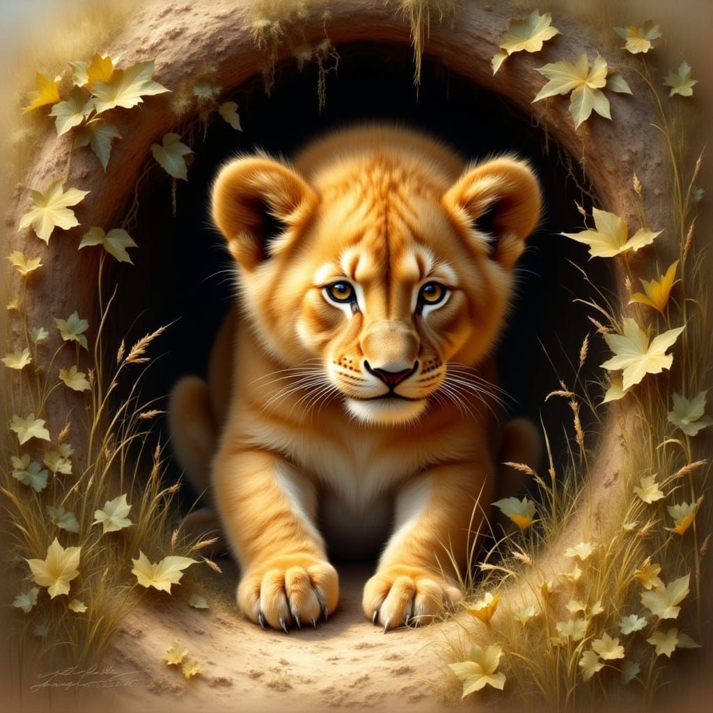 Lion Cub in Cozy Den: Wildlife Art Style