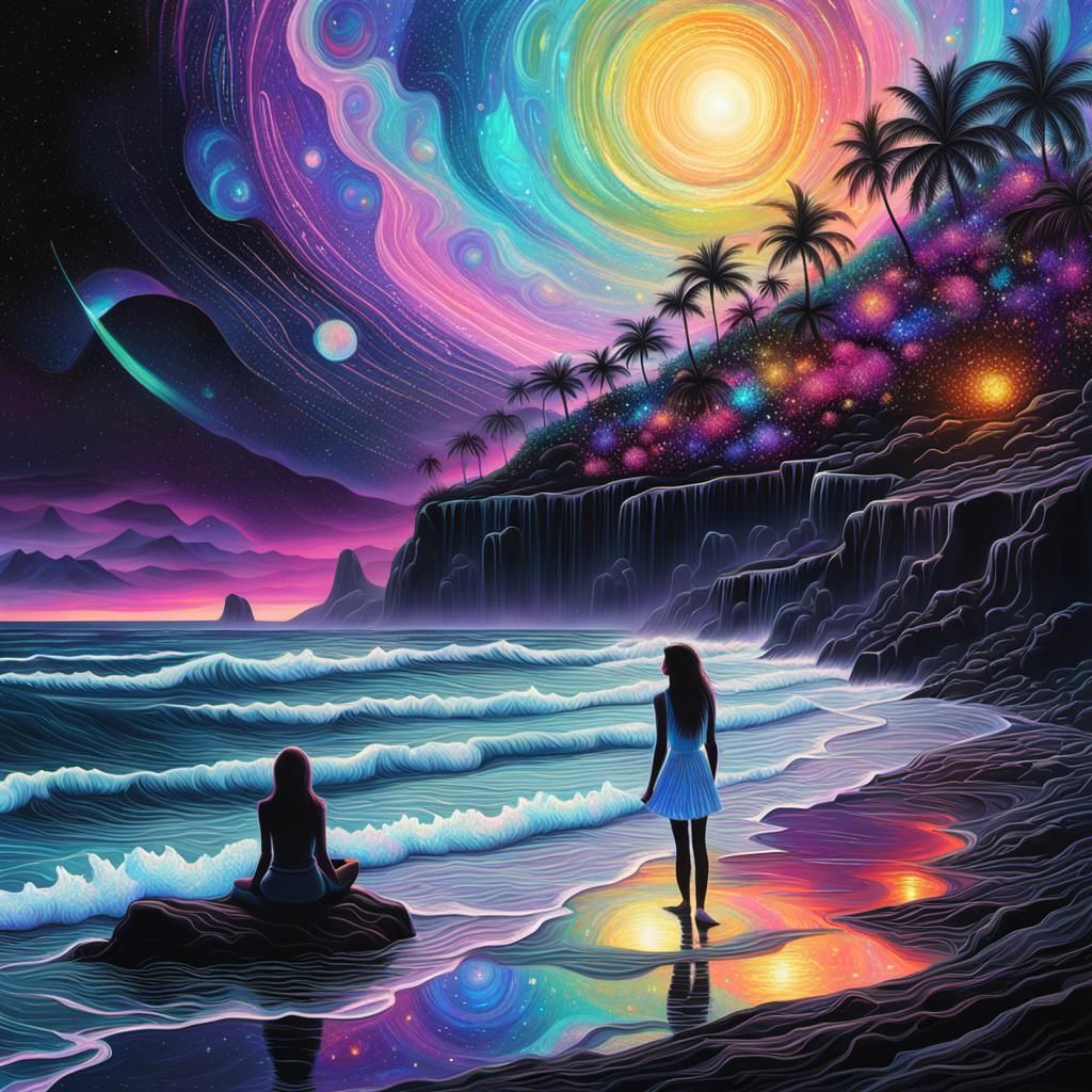 Ethereal Woman on Black Beach: Holographic Astral Illustrati...