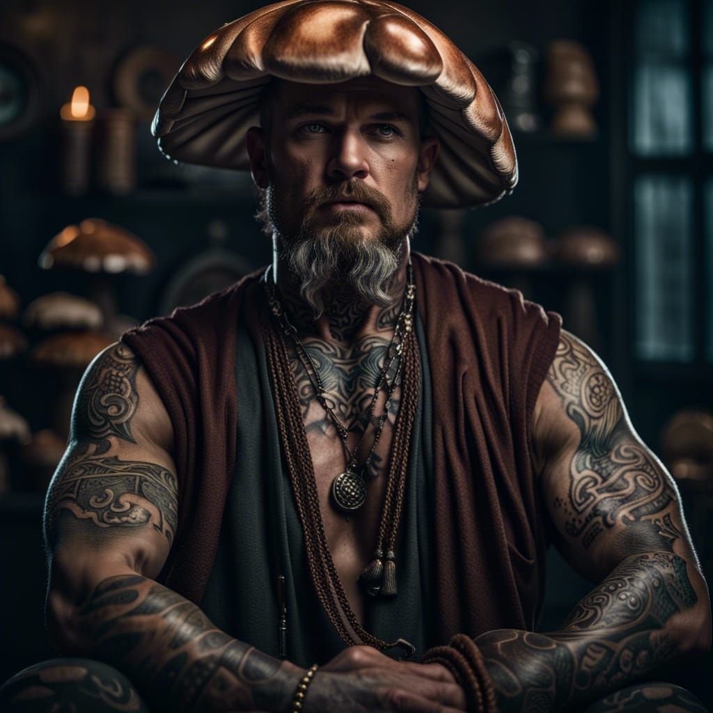 Handsome Mushroom Merchant Portrait in Dark Fantasy Style
