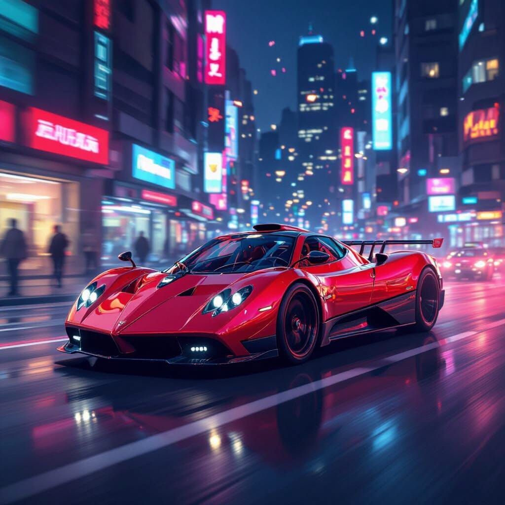 Red Pagani Zonda Speeds Through Neon Cityscape