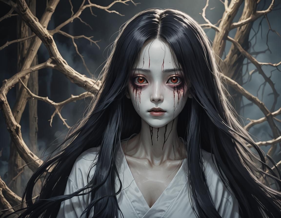 Creepy Sadako Stares Deviously: Grimdark Anime Horror