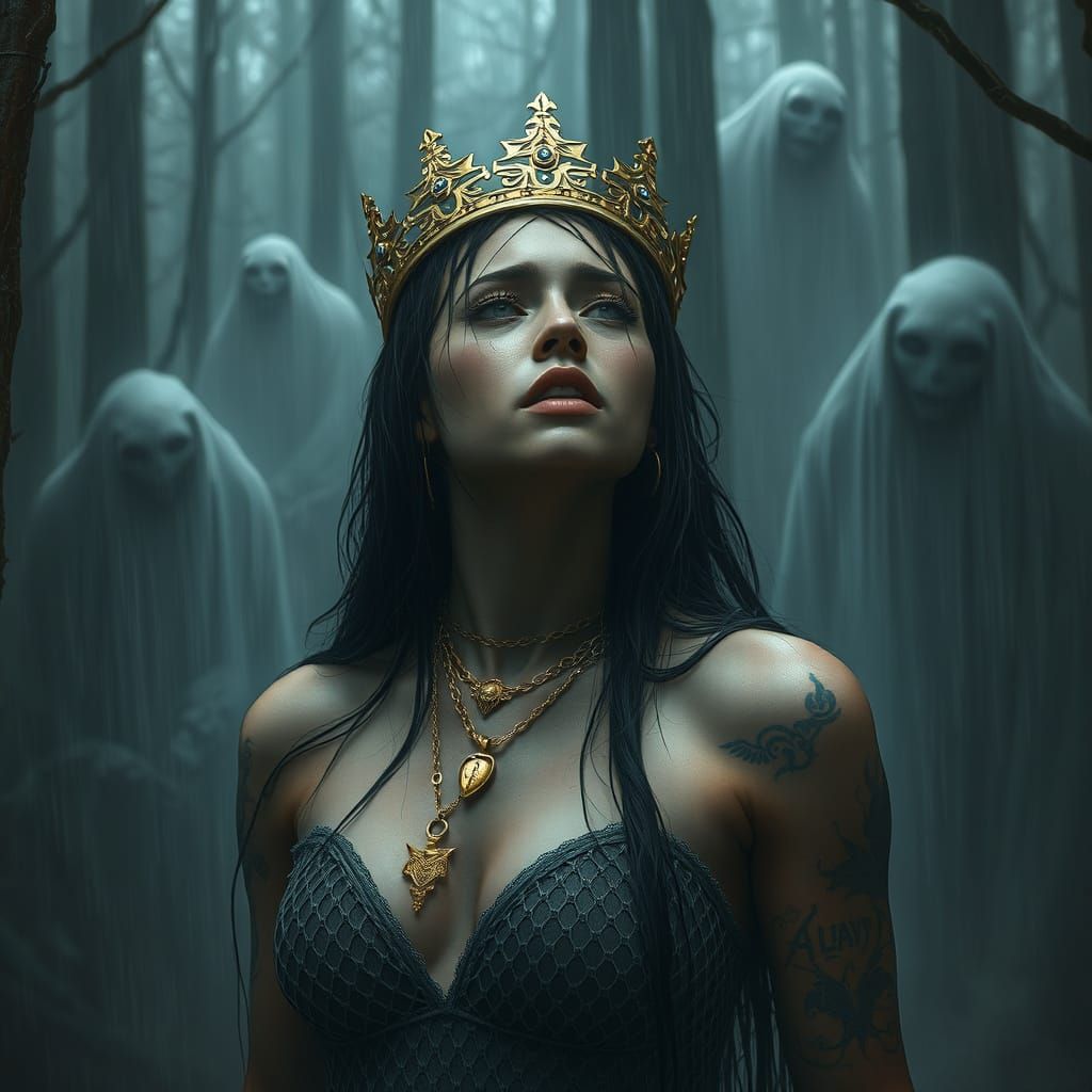 Sorrowful Female Figure in a Dark, Rainy, Haunted Forest