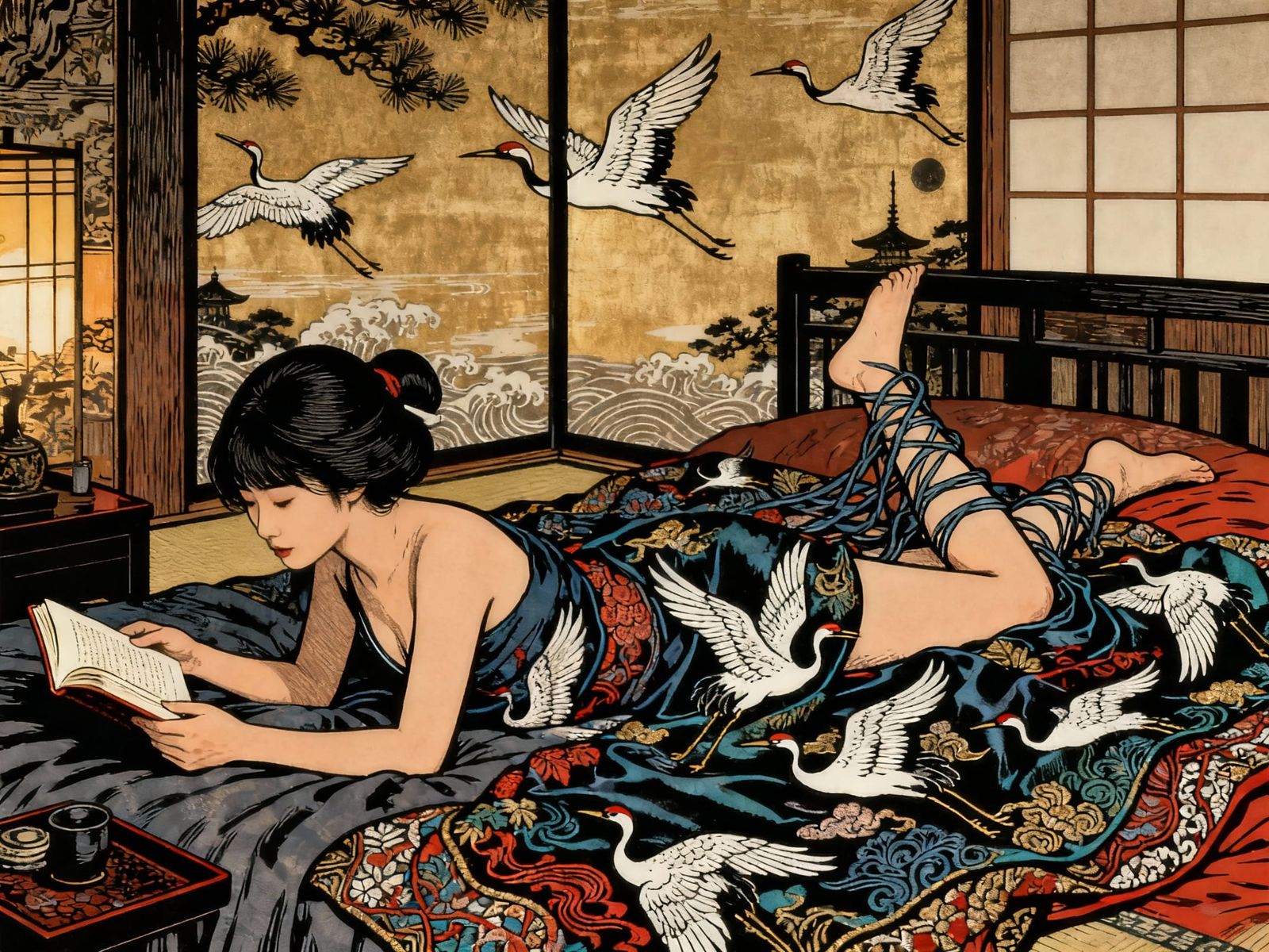 Elegant Japanese Woman Reading Amidst Crane-Embroidered Silk...