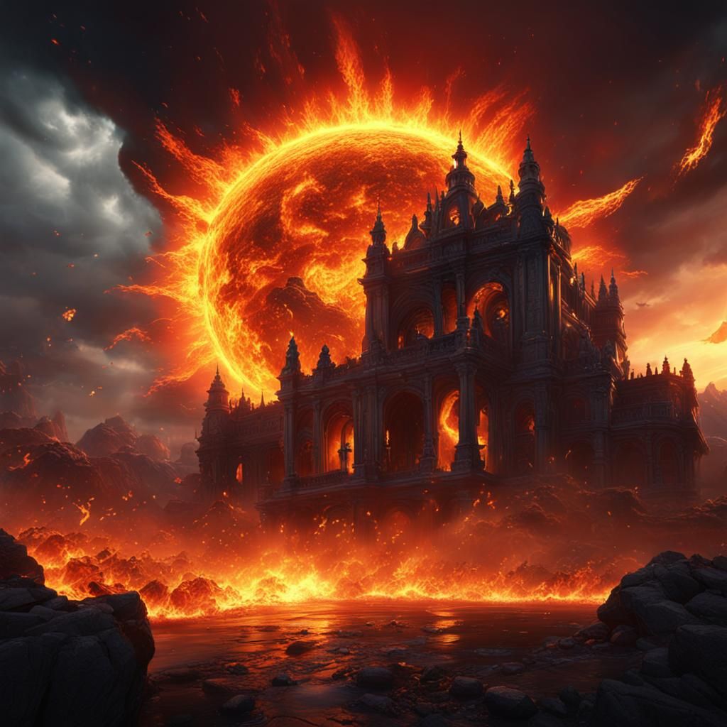 Fiery Sun and Castle on Floating Lava