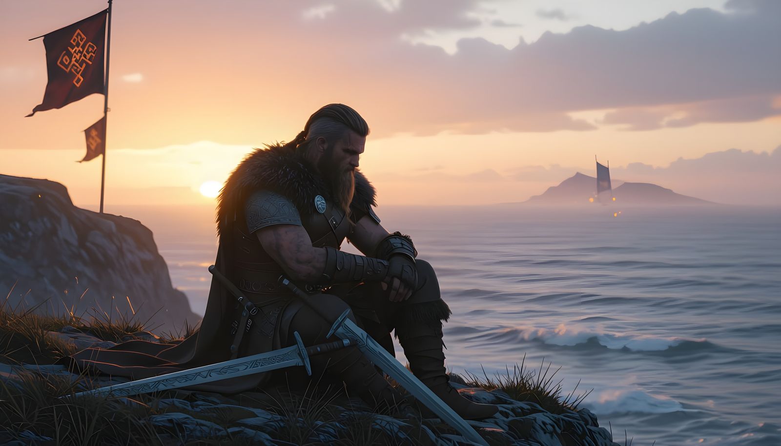 Viking Contemplation at Sunset: Cinematic Nordthra Style