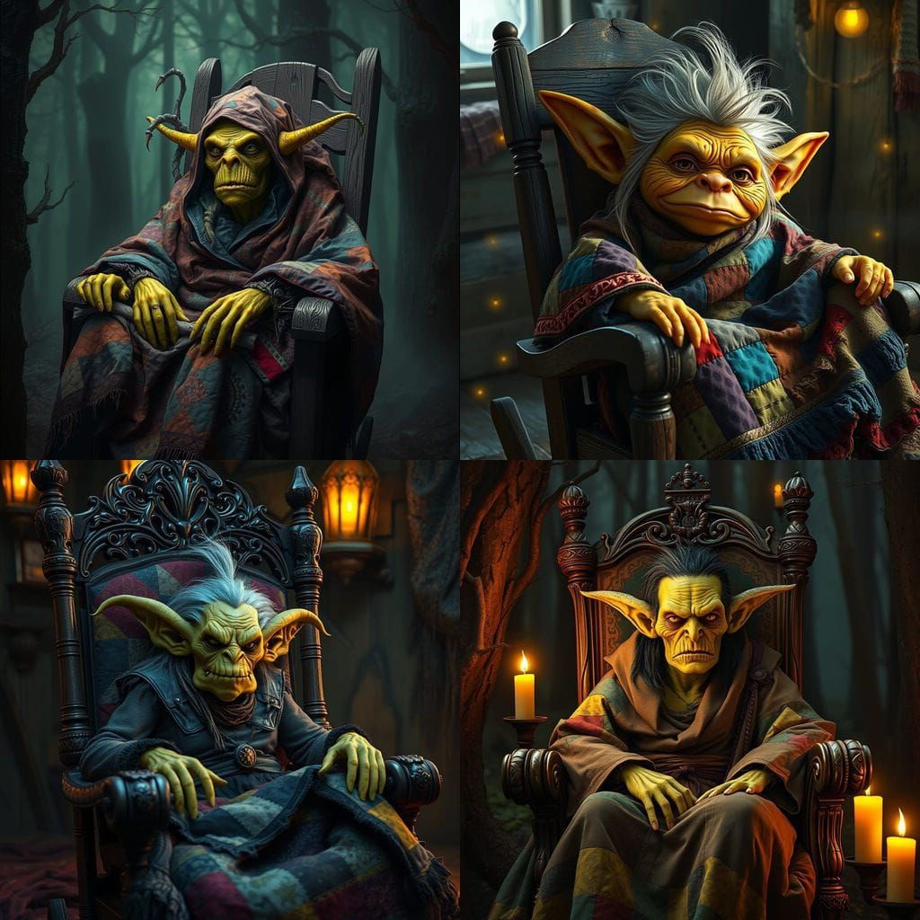 Evil Troll Woman in Quilted Rocking Chair Fantasy Art